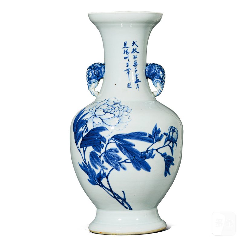清光绪 金品卿作牡丹一枝秀- 柳燕衔春图青花象耳瓶